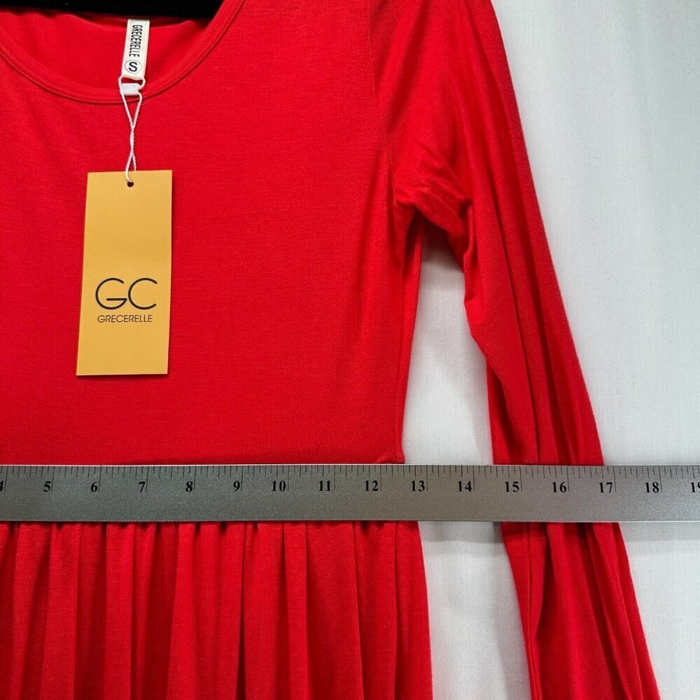 Grecerelle Dress S Shirred A-Line Maxi Scoop Neck Long Sleeve Stretch Rayon Red - Picture 10 of 12
